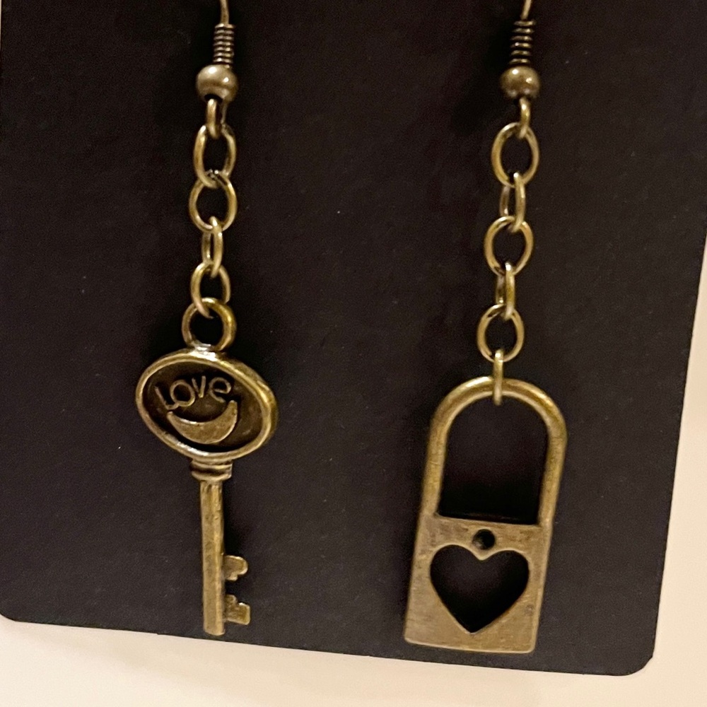 Hand Crafted Antique Gold Key and Heart Lock Drop Earrings